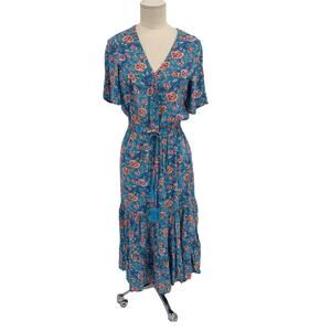 Sunday Mi Amor Dress Blue Rose Midi Short Sleeve Size XS